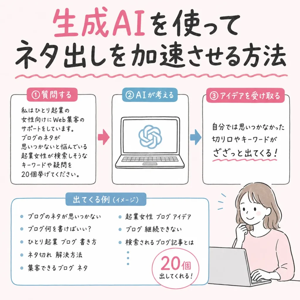 生成AI(ChatGPTやClaudeなど)を使ってみるのもひとつの方法です。例えば、「私はひとり起業の女性向けにWeb集客のサポートをしています。ブログのネタが思いつかないと悩んでいる起業女性が検索しそうなキーワードや疑問を20個挙げてください」と聞くだけで自分では思いつかなかった切り口やキーワードがざざっと出てきます。