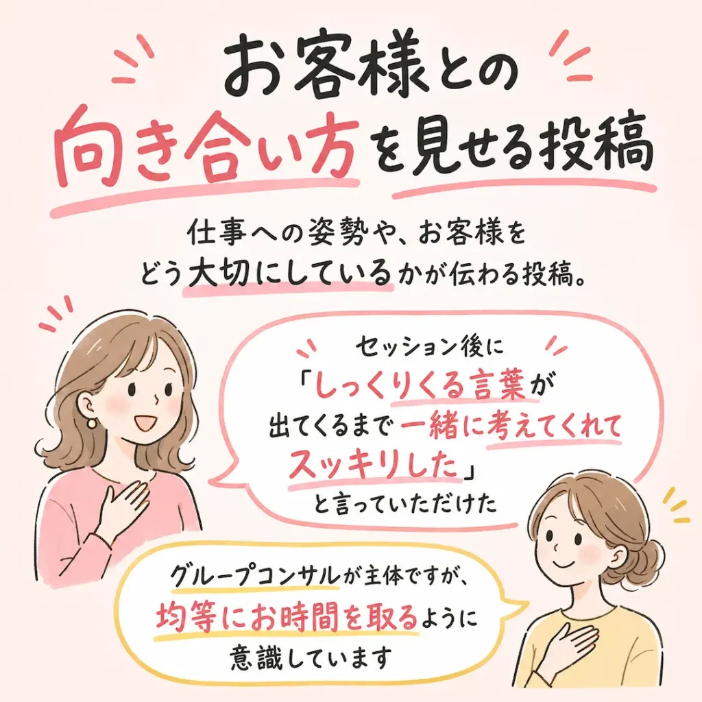 仕事への姿勢や、お客様をどう大切にしているかが伝わる投稿。
「セッション後にお客様から『しっくりくる言葉が出てくるまで一緒に考えてくれてスッキリした』と言っていただけた」「グループコンサルが主体ですが、均等にお時間を取るように意識しています」など。