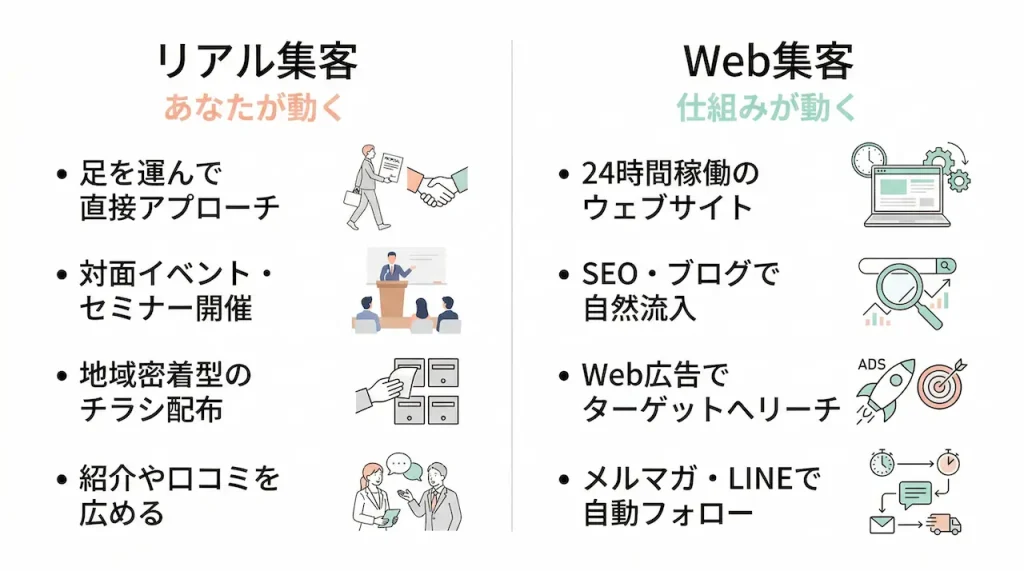リアル集客とWeb集客の一番大きな違いをひと言で言うと、「あなたが動くか、仕組みが動くか」です。