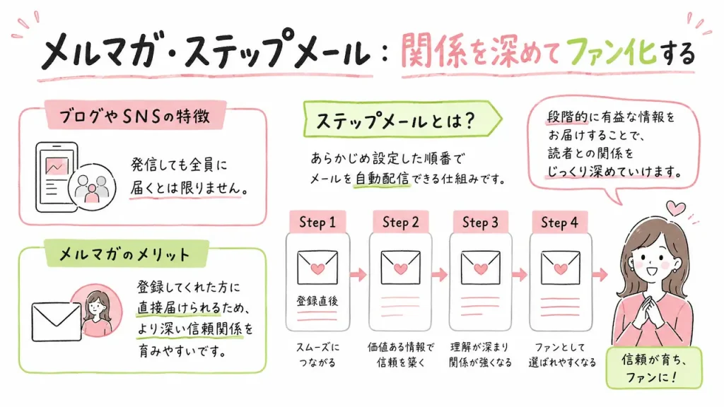 ブログやSNSは、発信しても全員に届くとは限りません。一方、メルマガは登録してくれた方に直接届けられるため、より深い信頼関係を育みやすいという特徴があります。 特にステップメールは、あらかじめ設定した順番でメールを自動配信できる仕組みです。登録直後から段階的に有益な情報をお届けすることで、読者との関係をじっくり深めていけます。