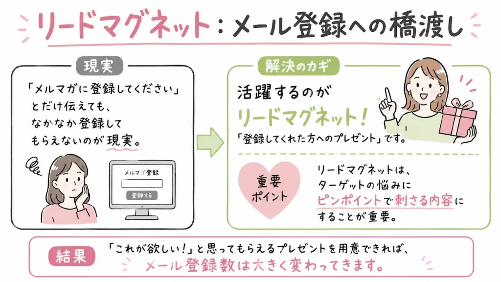 「メルマガに登録してください」とだけ伝えても、なかなか登録してもらえないのが現実。そこで活躍するのがリードマグネット、つまり「登録してくれた方へのプレゼント」です。
リードマグネットは、ターゲットの悩みにピンポイントで刺さる内容にすることが重要。「これが欲しい！」と思ってもらえるプレゼントを用意できれば、メール登録数は大きく変わってきます。